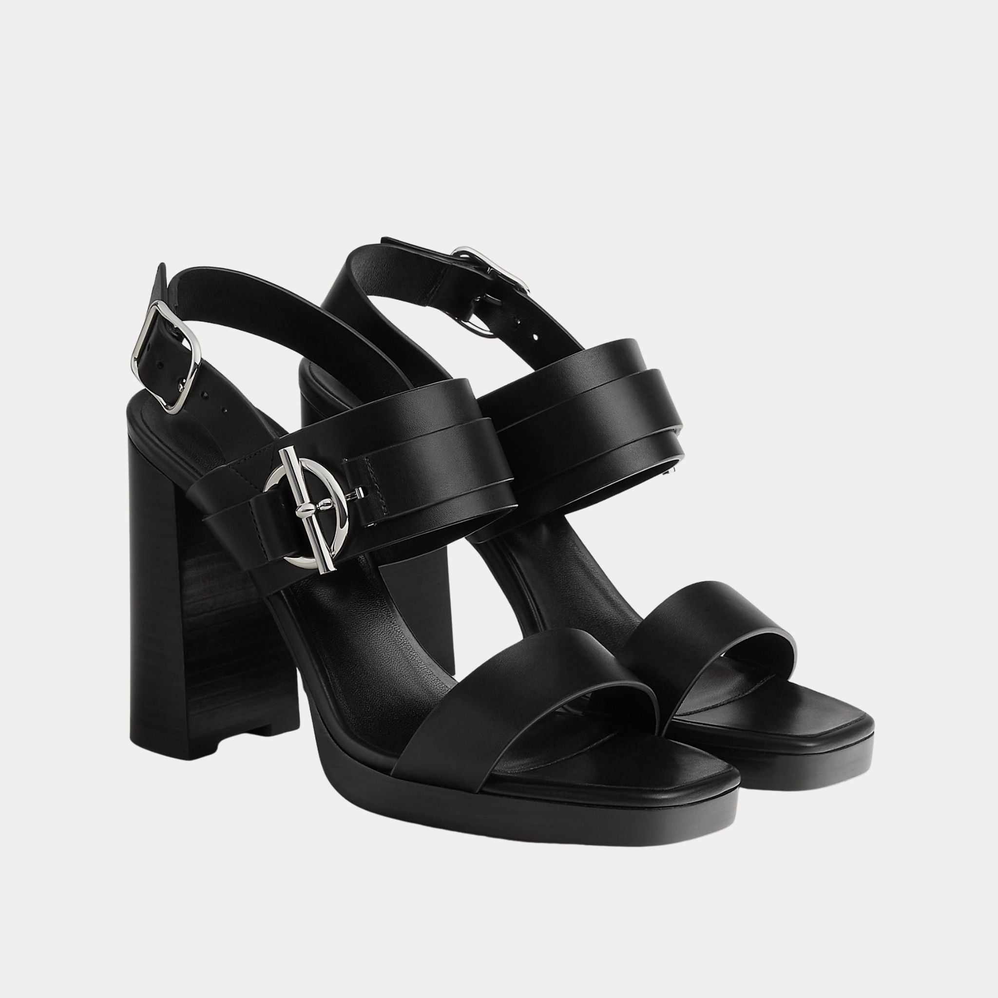 Hermes Keen 90 High Heel Sandal in Calfskin, Noir, Front
