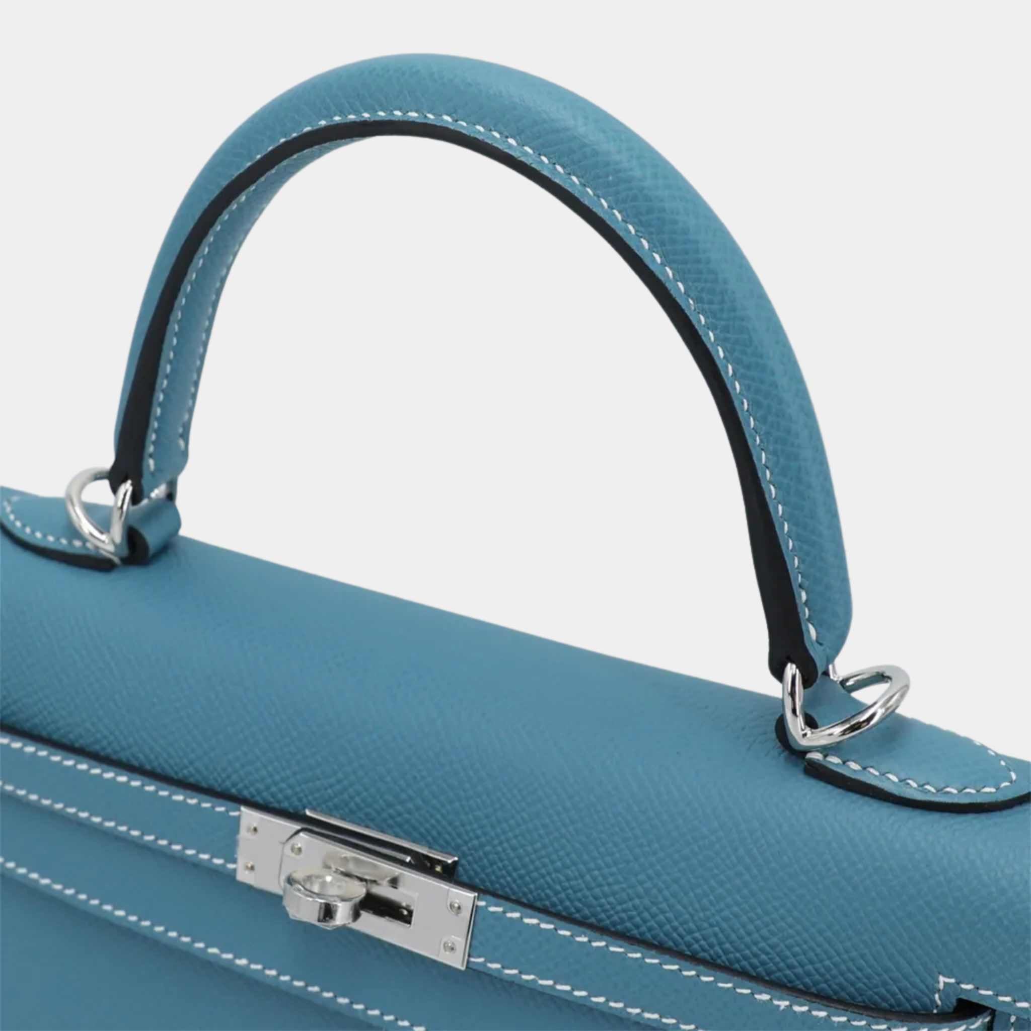 Hermes Kelly 25 Epsom Bleu Jeans PHW, Top Handle, Closeup