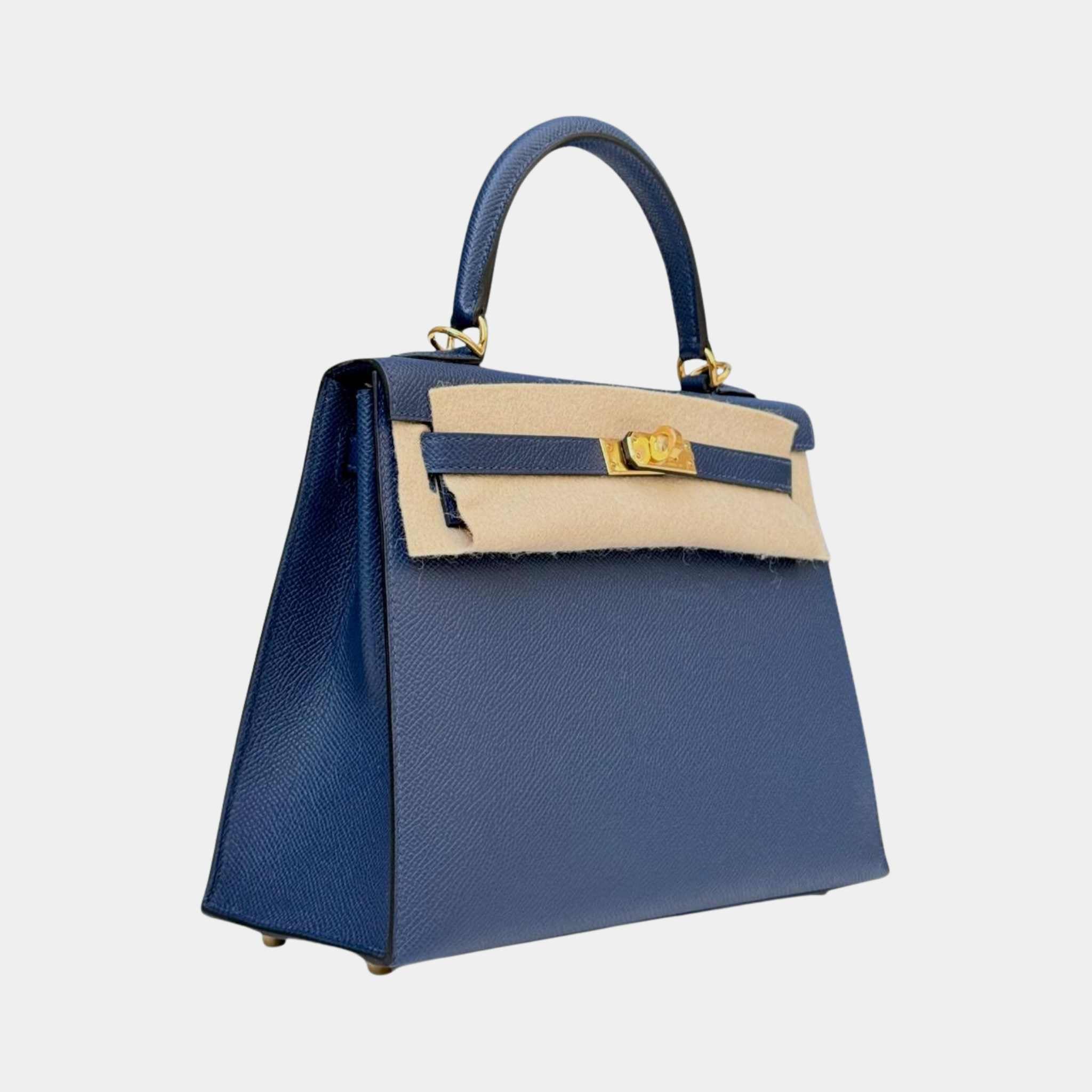 Hermes Kelly 25 Epsom Bleu Navy GHW, Side, Front