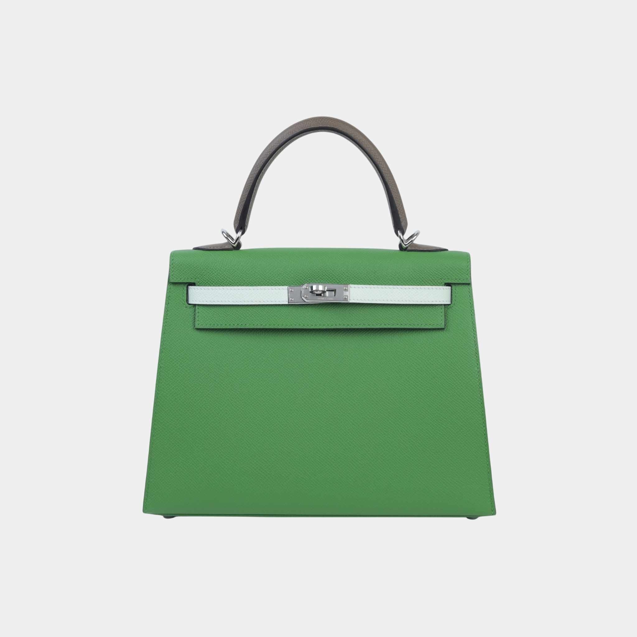 Hermes Kelly 25 Epsom Sellier Etoupe/Vert Fizz/Vert Yucca PHW, Front
