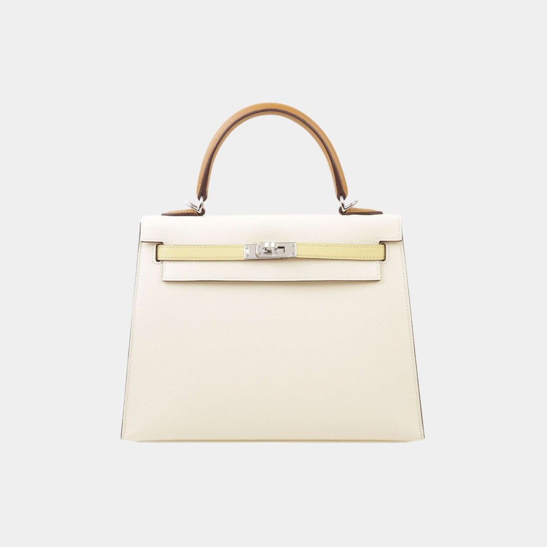 Hermes Kelly 25 Epsom Sellier Jaune Poussin/Sesame/Nata PHW, Front