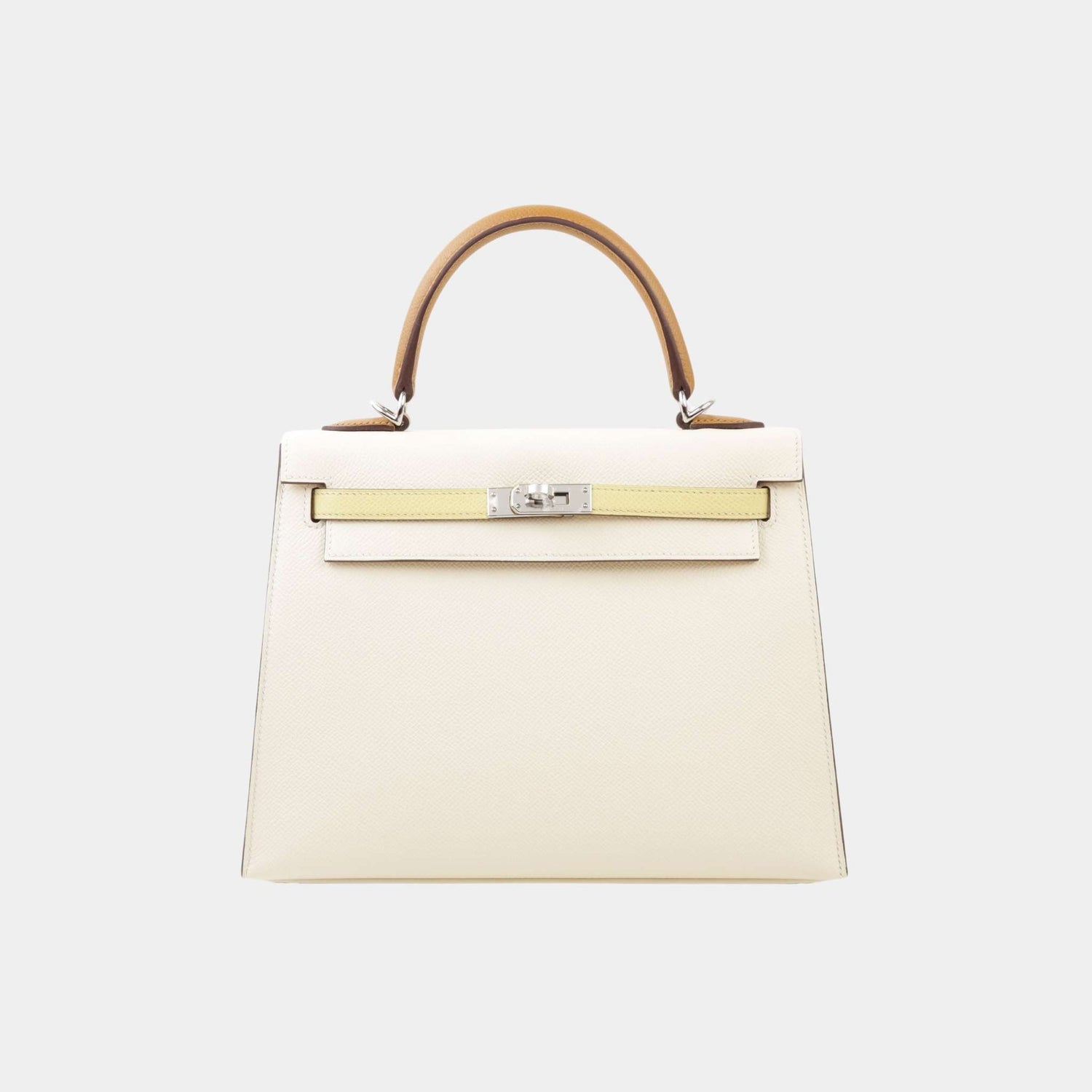 Hermes Kelly 25 Epsom Sellier Jaune Poussin/Sesame/Nata PHW, Front