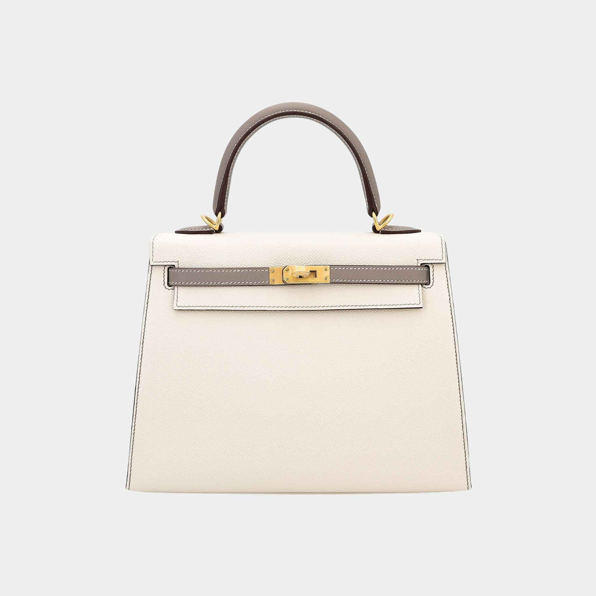 حقيبة Kelly 25 HSS Sellier من جلد Epsom باللون Craie/Gris Asphalte مع إكسسوارات ذهبية