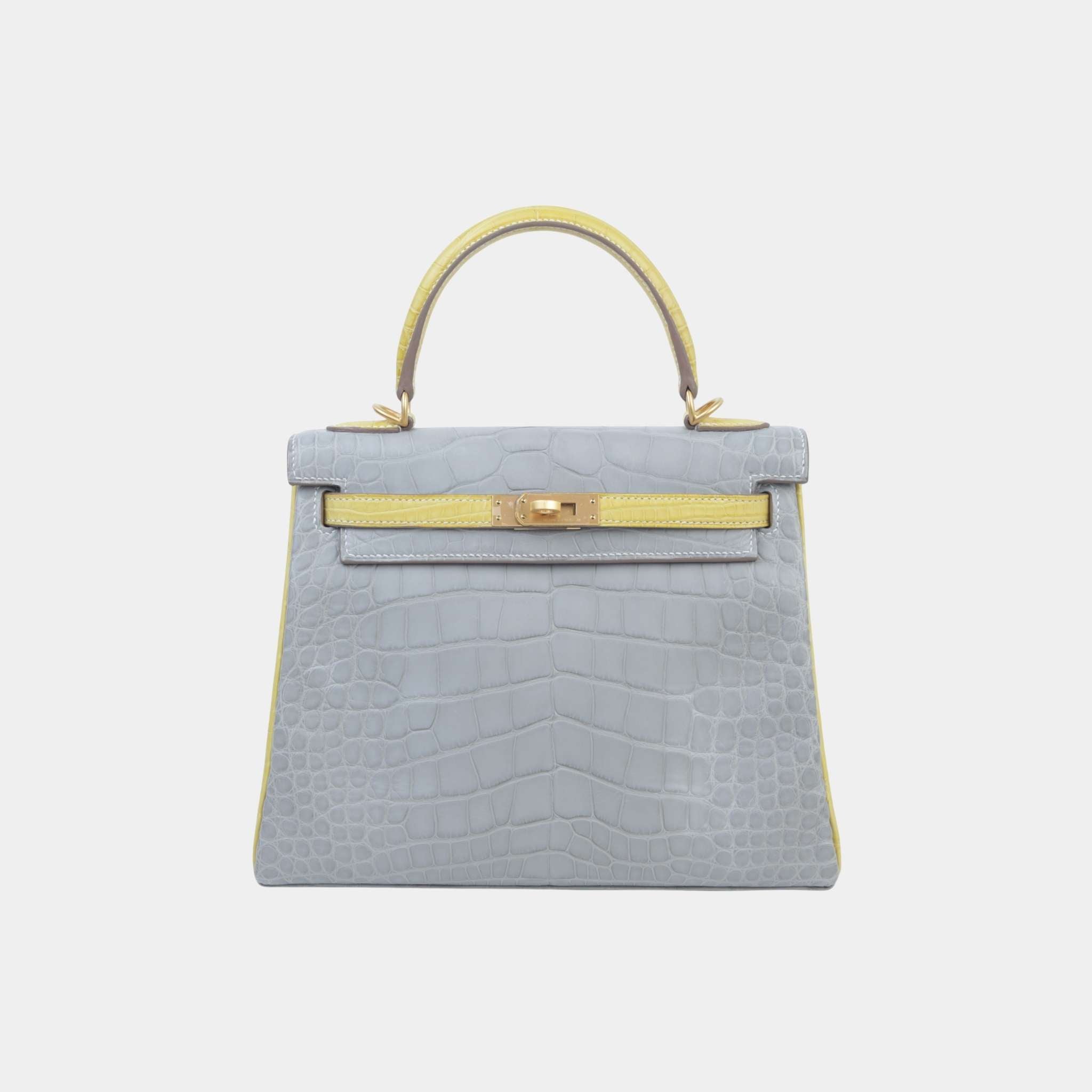 Hermes Kelly 25 Matte Alligator Gris Perle/Jaune Citron GHW, Front