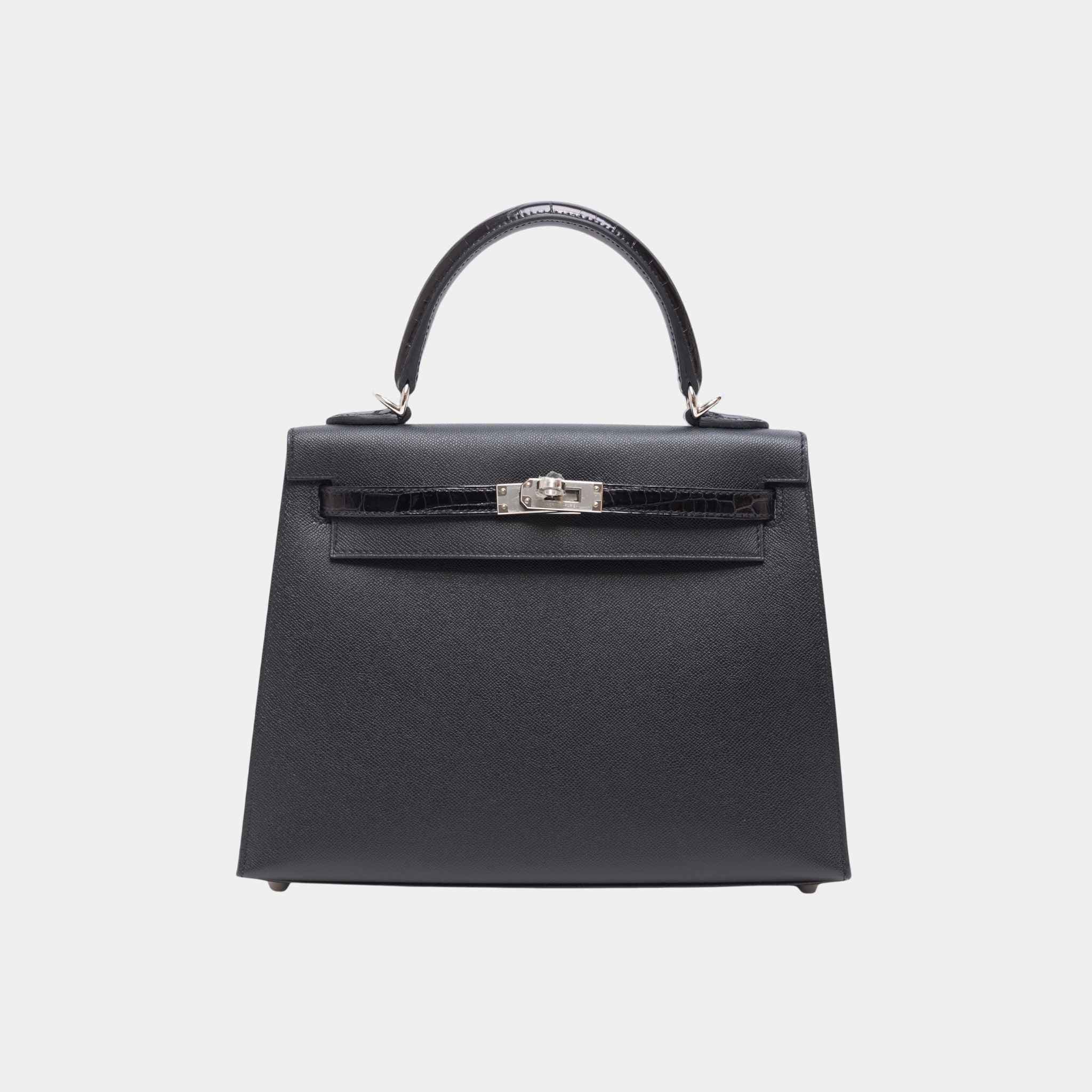 Hermes Kelly 25 Sellier Madame Shiny Niloticus Crocodile Black PHW, Front
