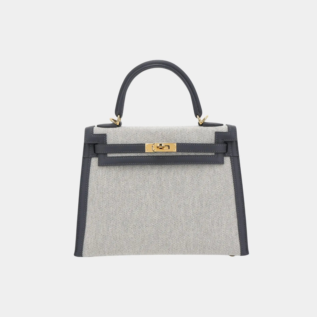 Hermes Kelly 25 Sellier Swift Toile Quadrille-Canvas Ardoise/Ecru GHW, Front 