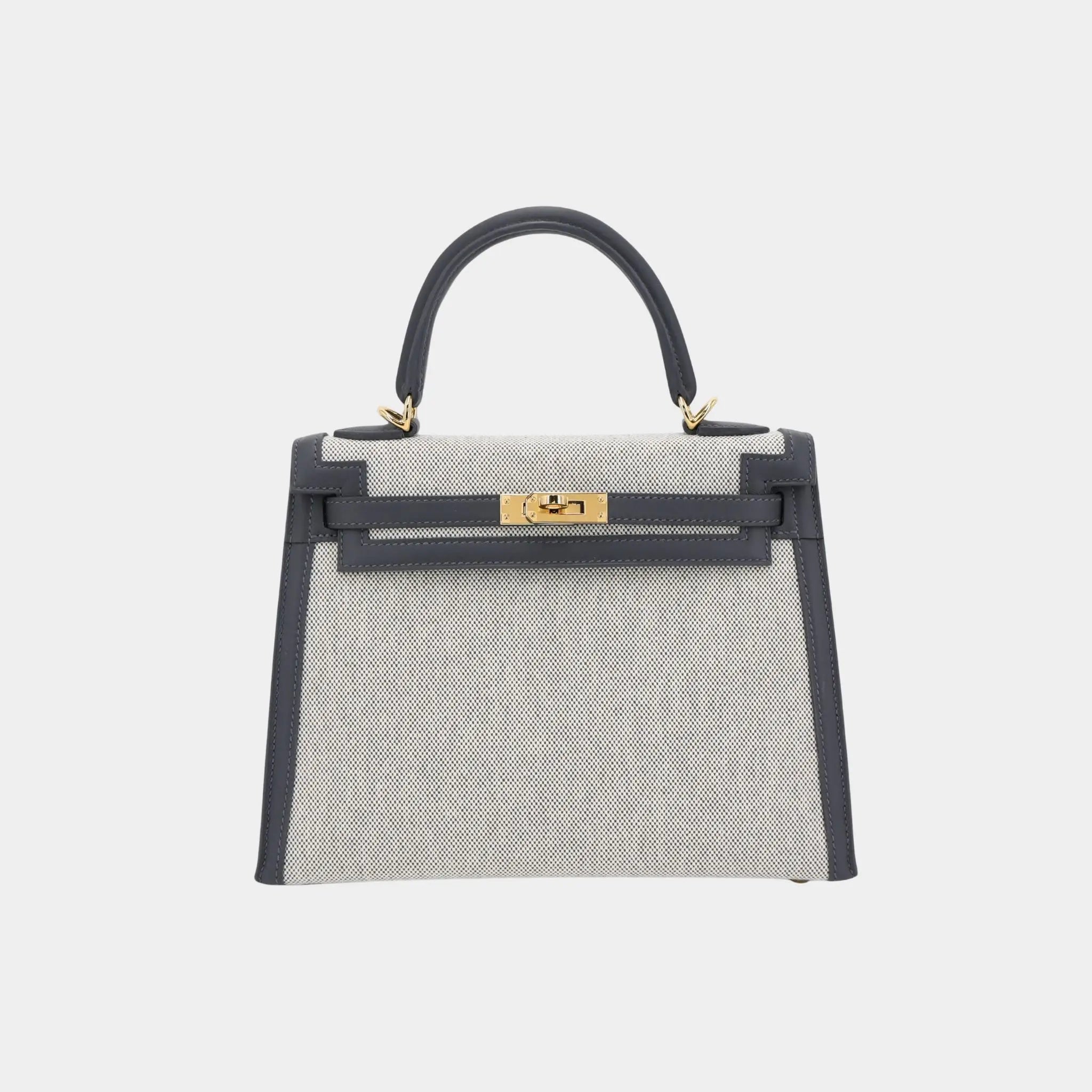 Hermes Kelly 25 Sellier Swift Toile Quadrille-Canvas Ardoise/Ecru GHW, Front 