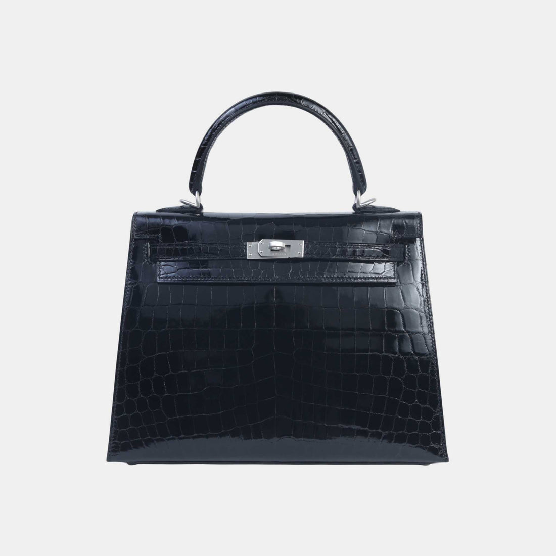 Hermes Kelly 25 Shiny Niloticus Crocodile Sellier Black PHW, Front