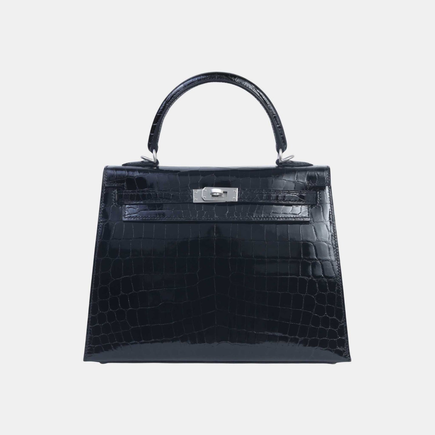 Hermes Kelly 25 Shiny Niloticus Crocodile Sellier Black PHW, Front