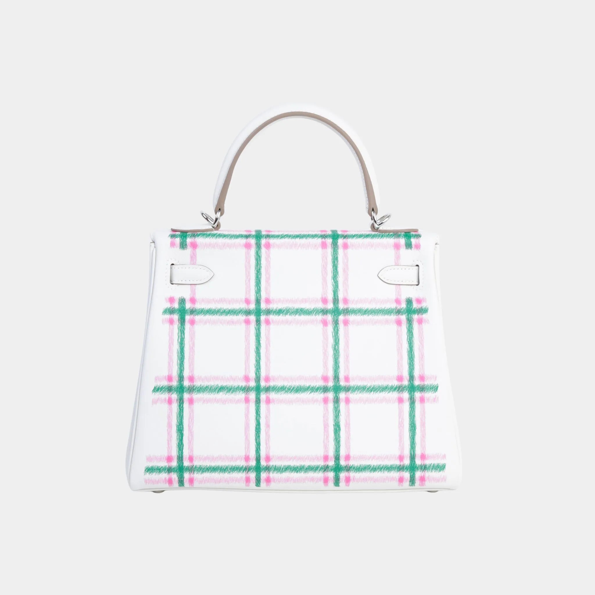 Hermes Kelly 25 Swift Gris Pale/Vert Moyen/Rose Bubblegum PHW, Back