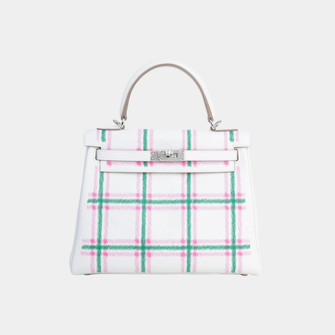 Hermes Kelly 25 Swift Gris Pale/Vert Moyen/Rose Bubblegum PHW, Front