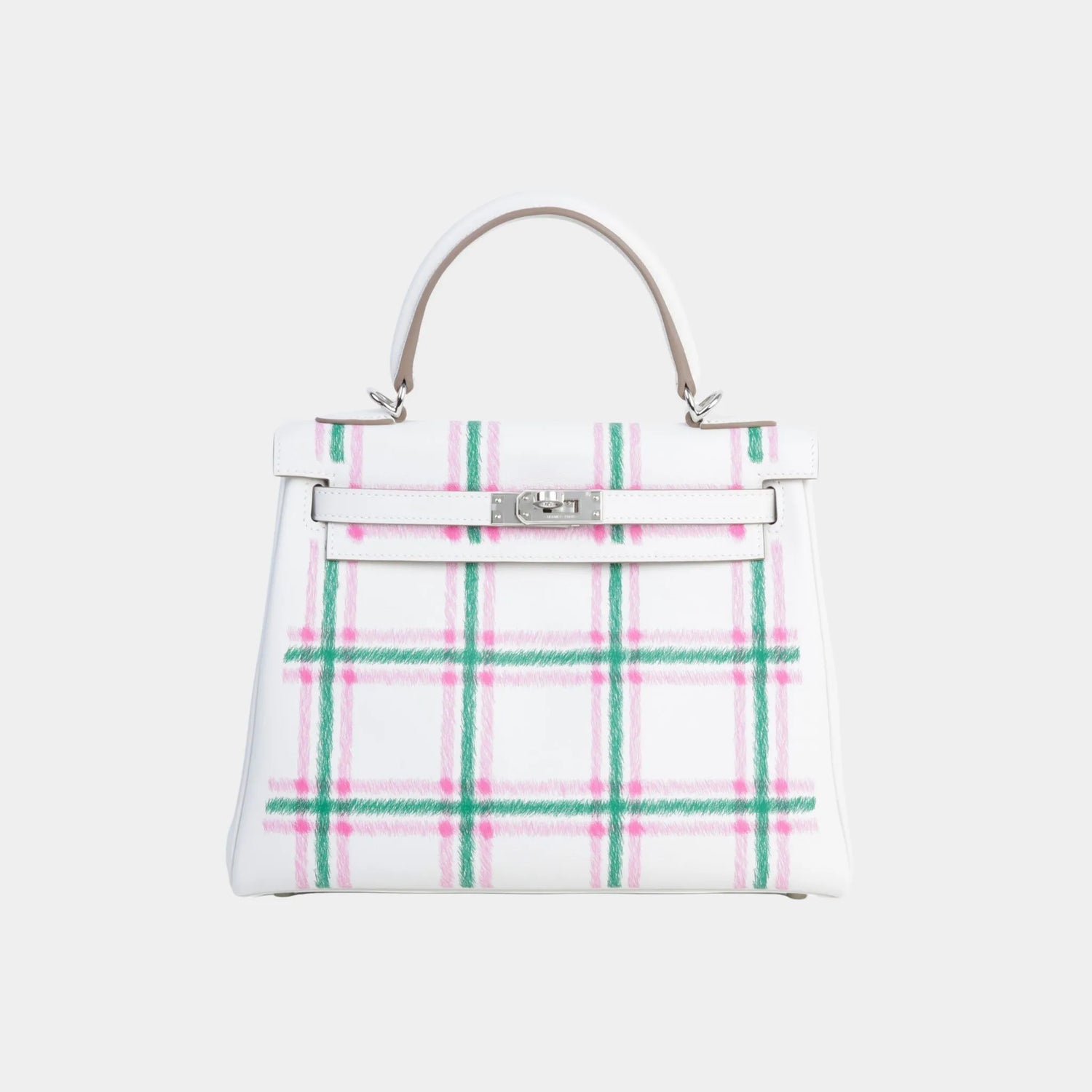 Hermes Kelly 25 Swift Gris Pale/Vert Moyen/Rose Bubblegum PHW, Front