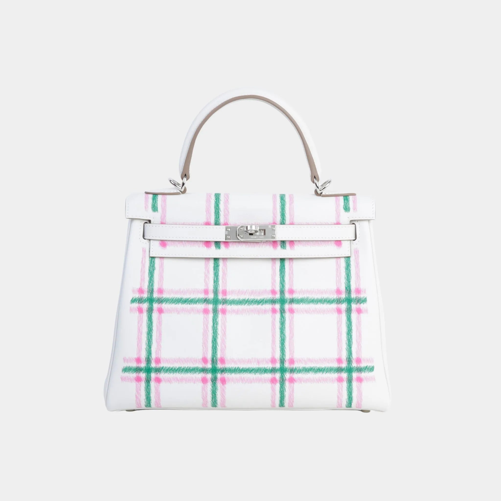 Hermes Kelly 25 Swift Gris Pale/Vert Moyen/Rose Bubblegum PHW, Front