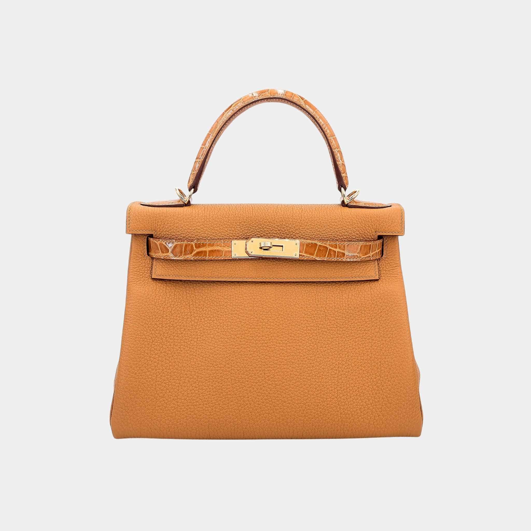 Hermes Kelly 28 Touch Togo-Shiny Niloticus Crocodile Tabac Camel GHW, Front