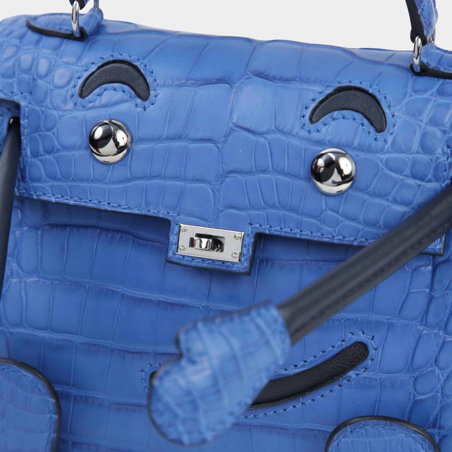 Hermes Kelly Doll Matte Alligator Bleu Zellige PHW, Closeup