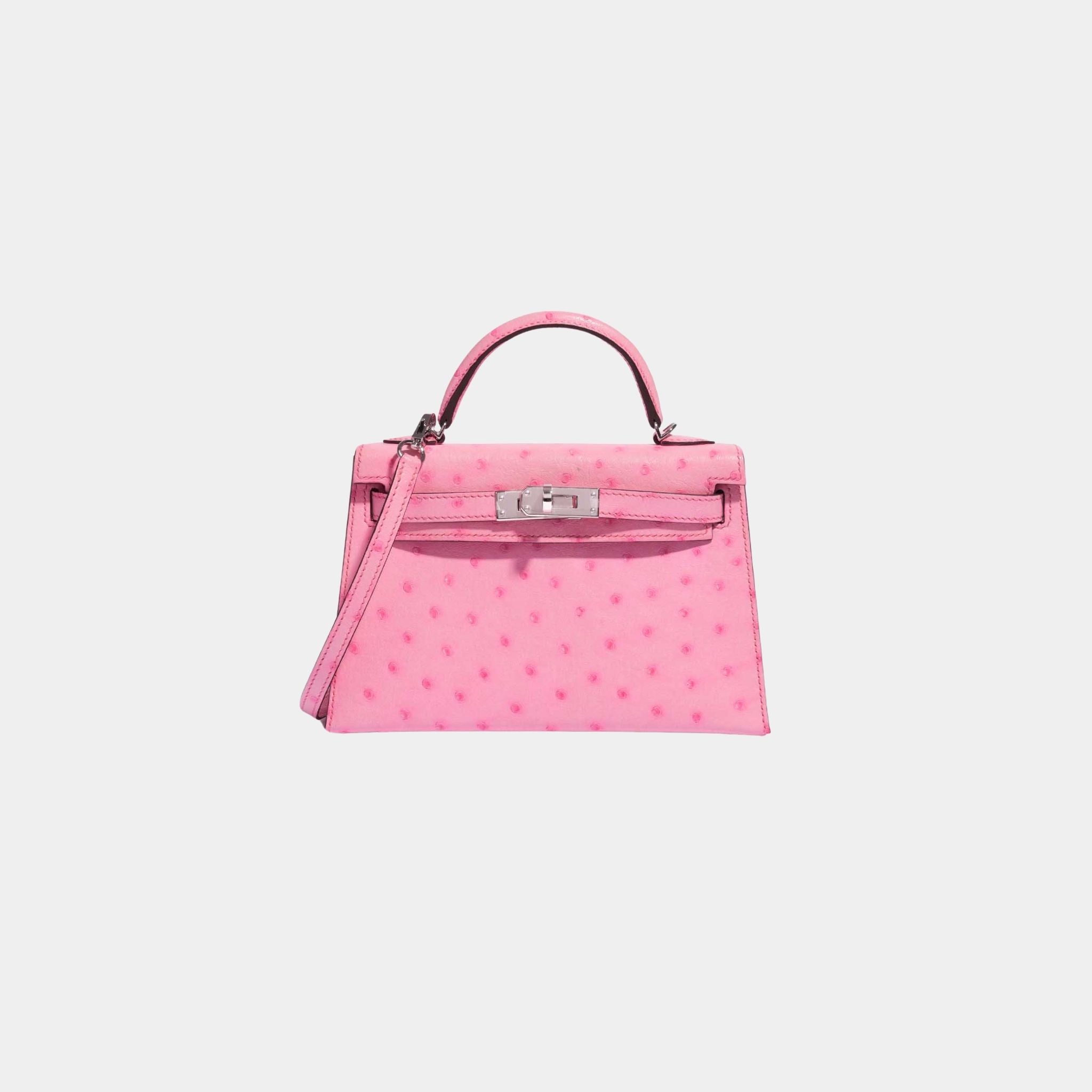 Hermes Kelly Mini II 20 In 5P Bubblegum Ostrich PHW, Front