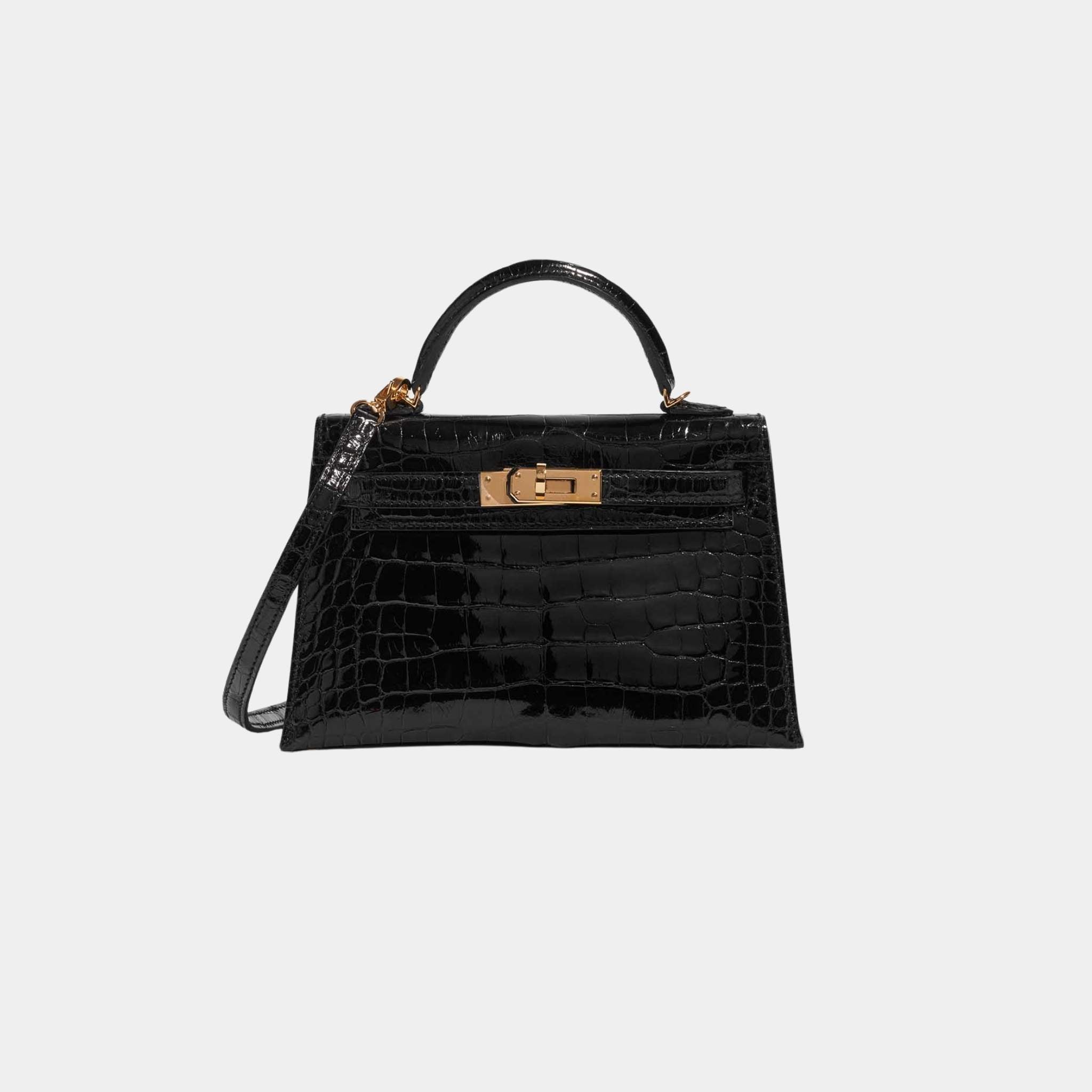 Hermes Kelly Mini II 20 Shiny Porosus Alligator Black, Front