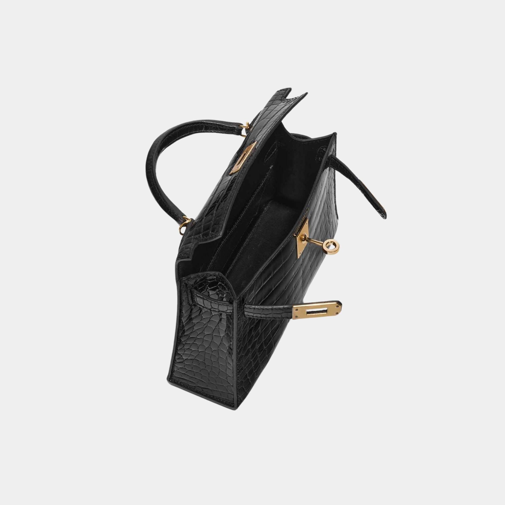Hermes Kelly Mini II 20 Shiny Porosus Alligator Black, Top