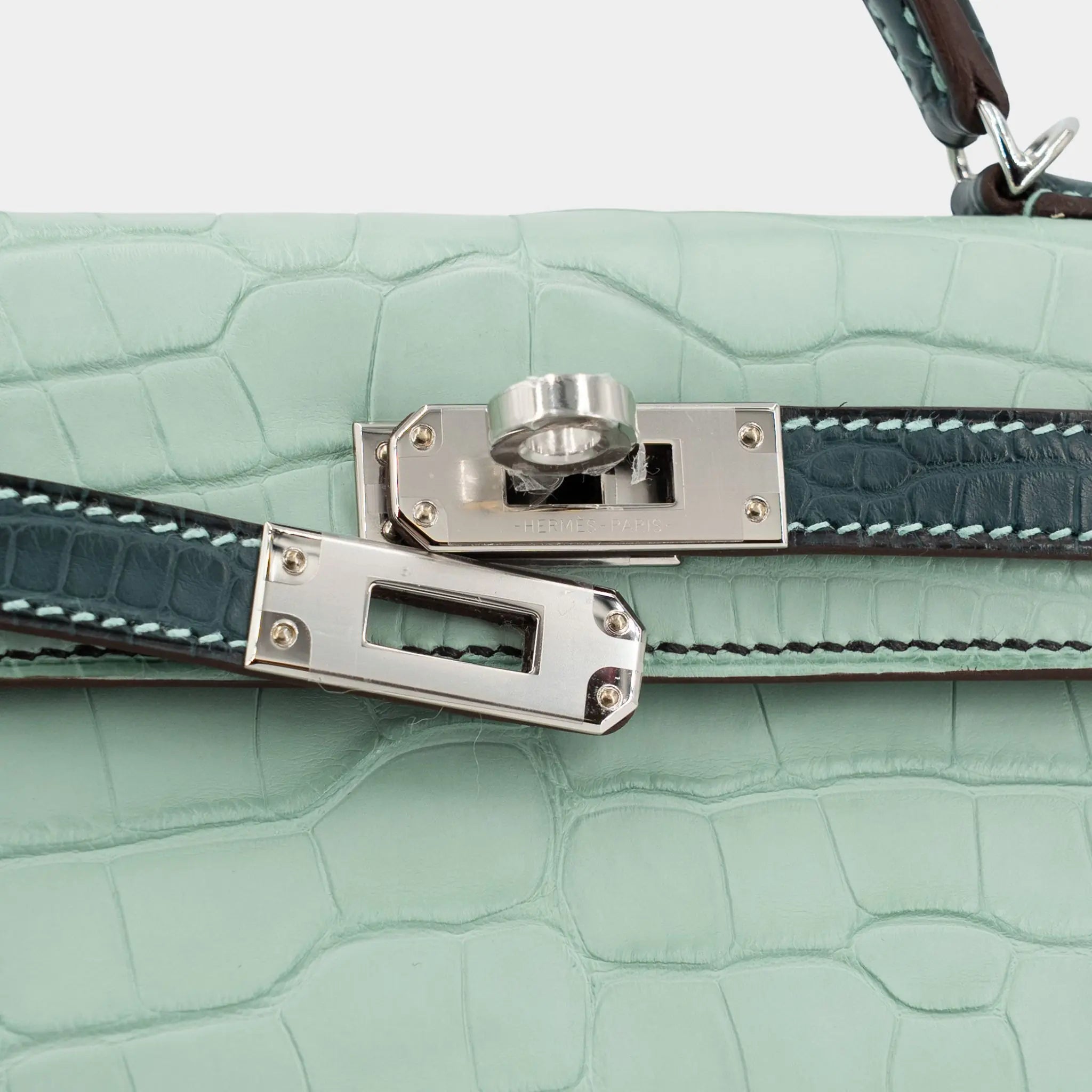 Kelly Mini Matte Alligator Vert d’Eau/Vert Cypress GHW, Closeup