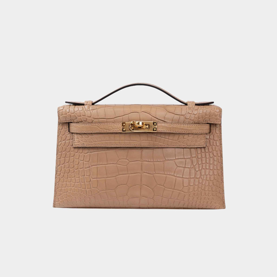Hermes Kelly Pochette Matte Alligator Chai GHW, Front