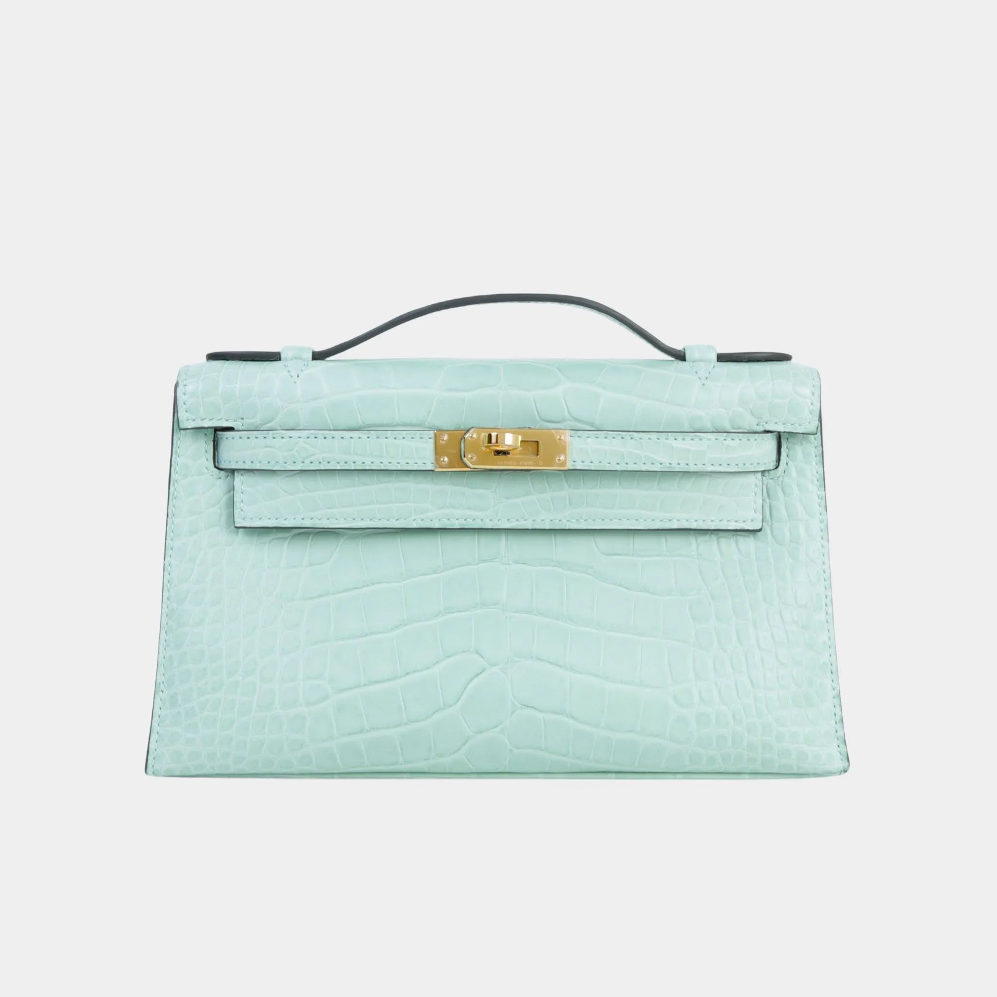 Hermes Kelly Pochette Matte Alligator Vert D’Eau GHW, Front