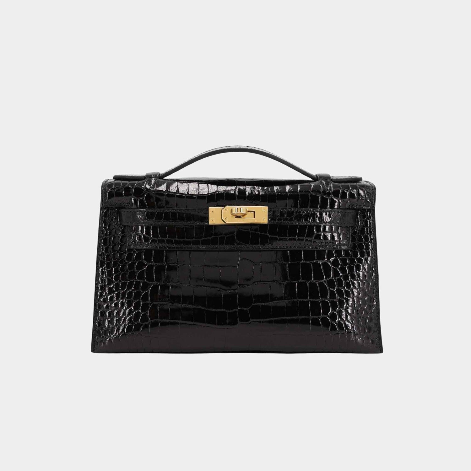 Hermes Kelly Pochette Porosus Crocodile Black GHW, Front