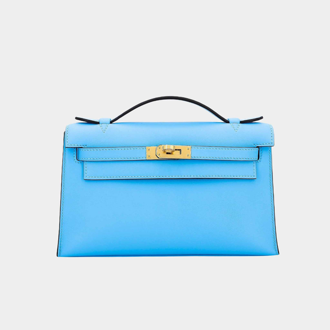 Hermes Kelly Pochette Swift Celeste GHW, Front