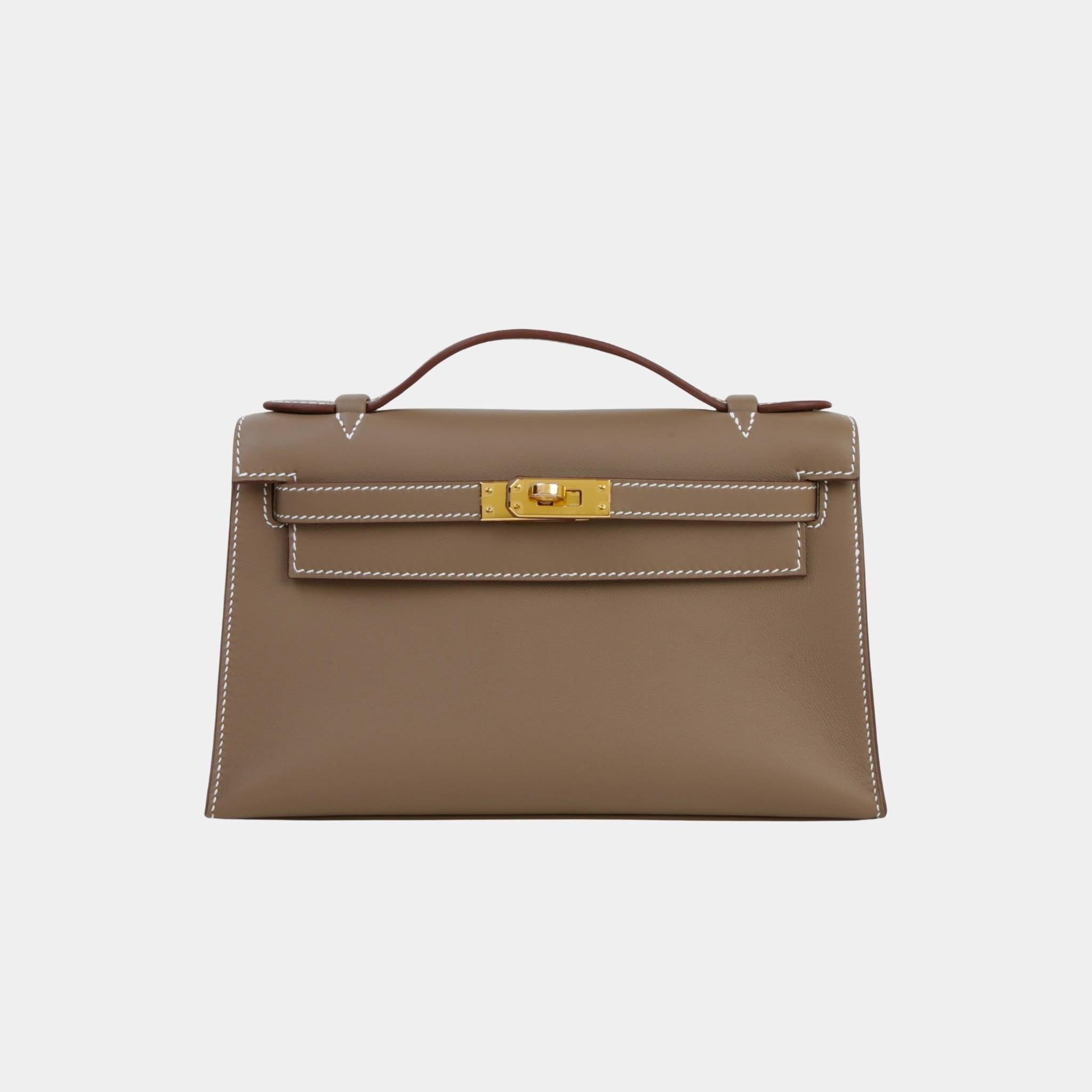 Hermes Kelly Pochette Swift Etoupe GHW, Front