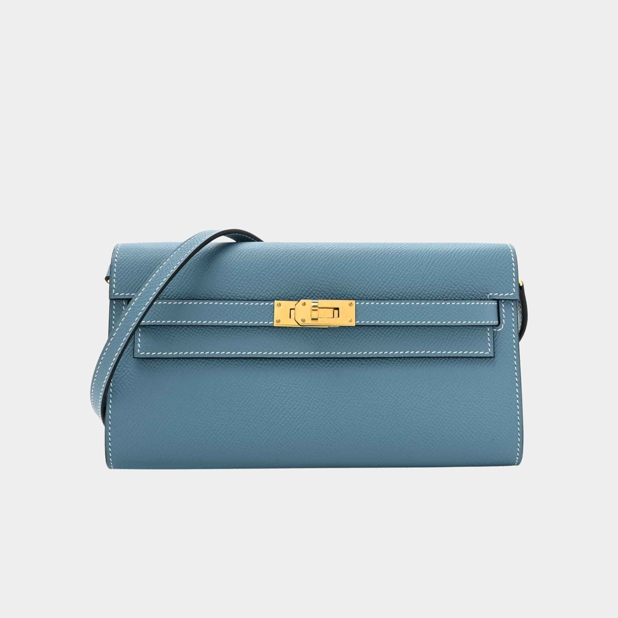Hermes Kelly Wallet To Go Bleu Jeans GHW, Front