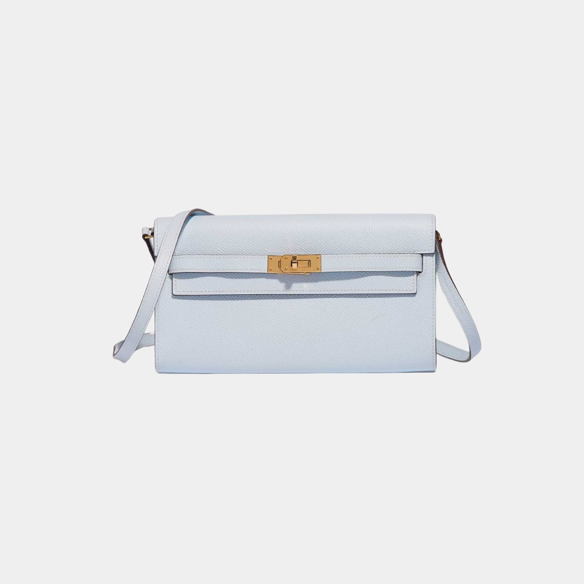 Hermes Kelly To Go Wallet Epsom Blue Brume GHW, Front