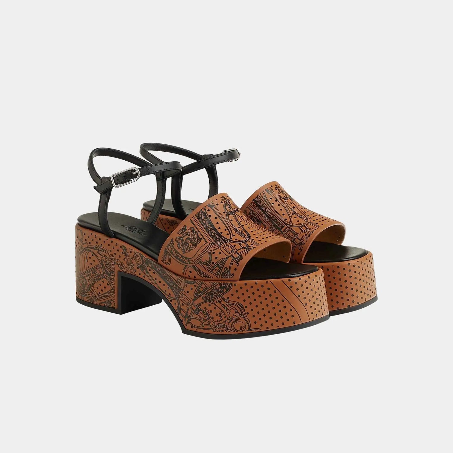 Hermes Kervella 35 Platform Sandals in Printed Calfskin, Naturel, Noir, Front
