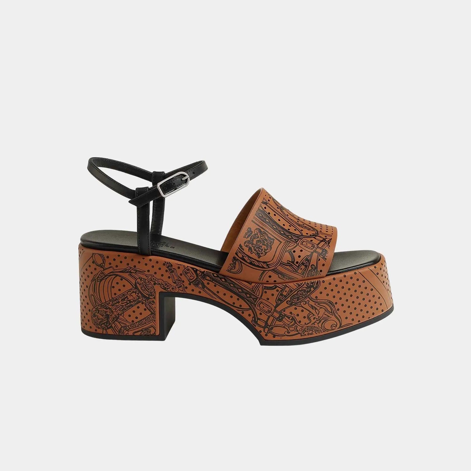 Hermes Kervella 35 Platform Sandals in Printed Calfskin, Naturel, Noir, Side