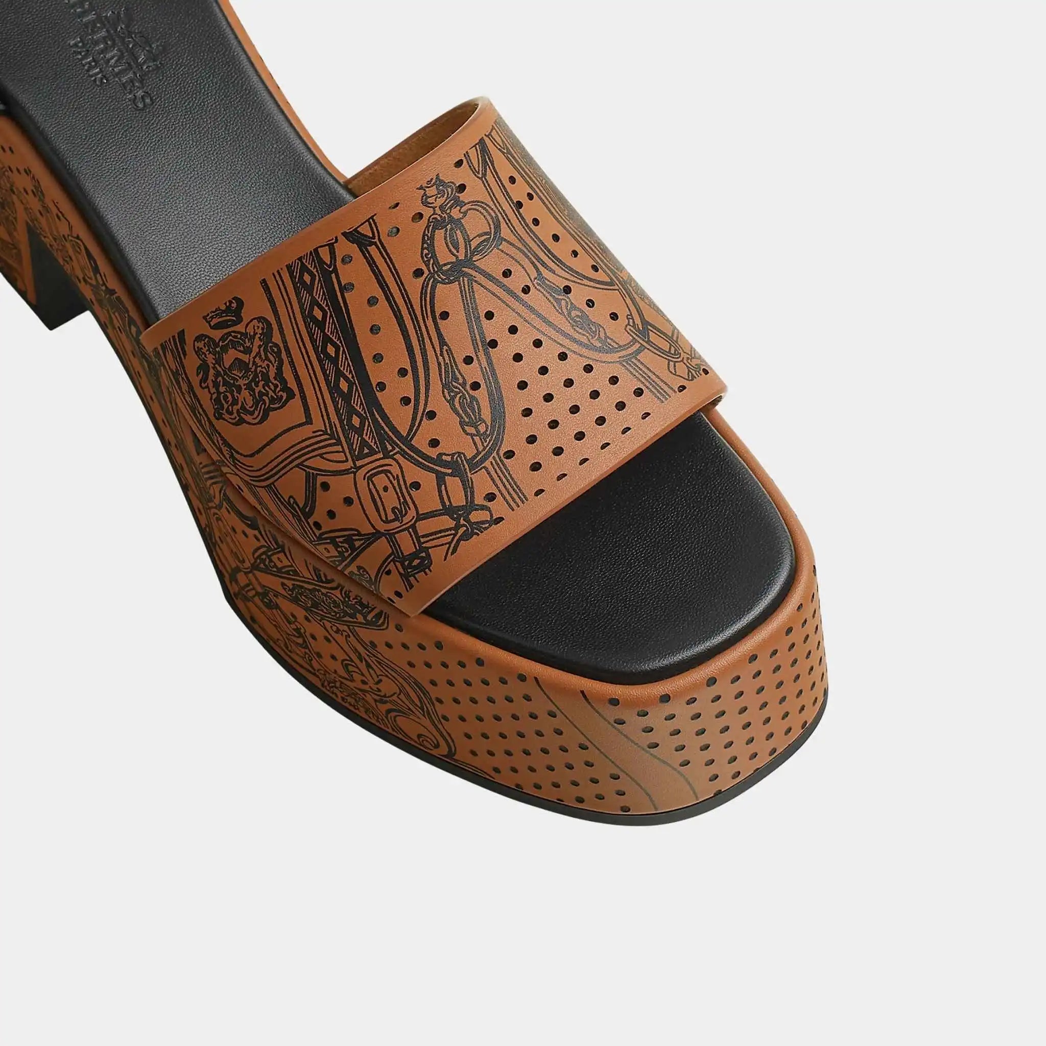 Hermes Kervella 35 Platform Sandals in Printed Calfskin, Naturel, Noir, Top