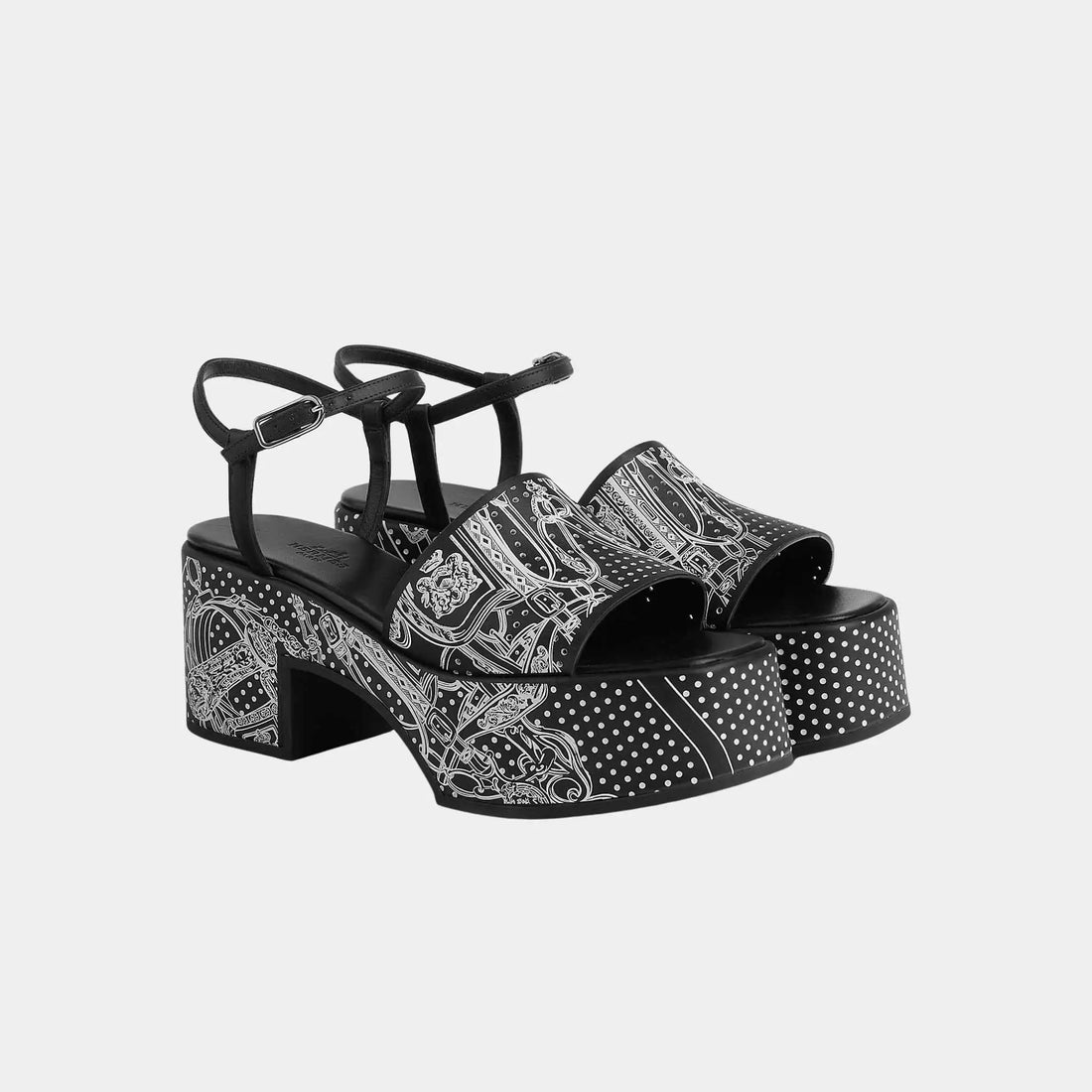 Hermes Kervella 35 Platform Sandals in Printed Calfskin, Noir, Blanc, Front