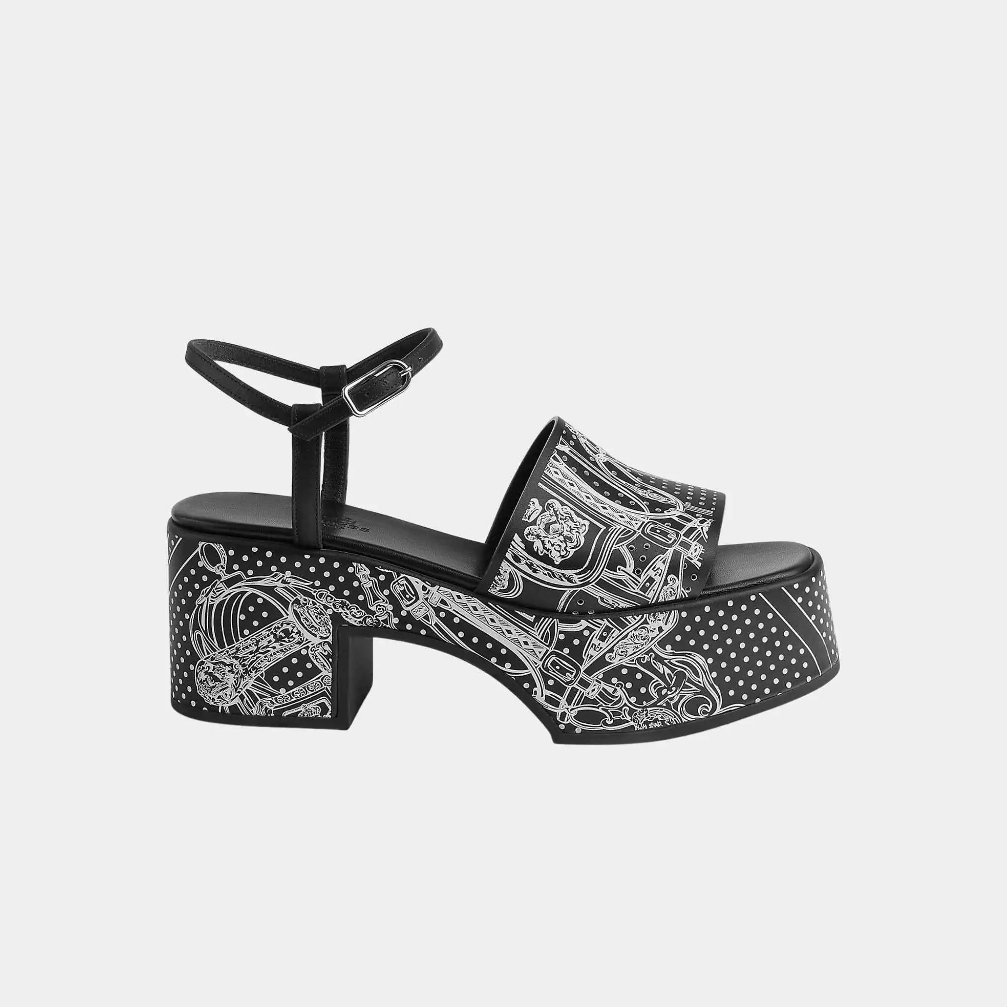 Hermes Kervella 35 Platform Sandals in Printed Calfskin, Noir, Blanc, Side