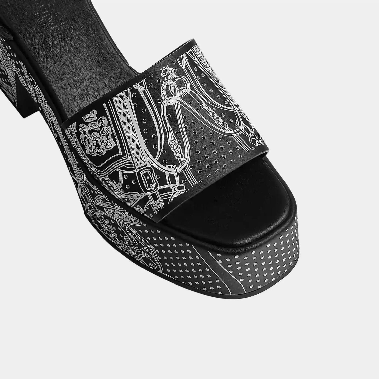 Hermes Kervella 35 Platform Sandals in Printed Calfskin, Noir, Blanc, Top