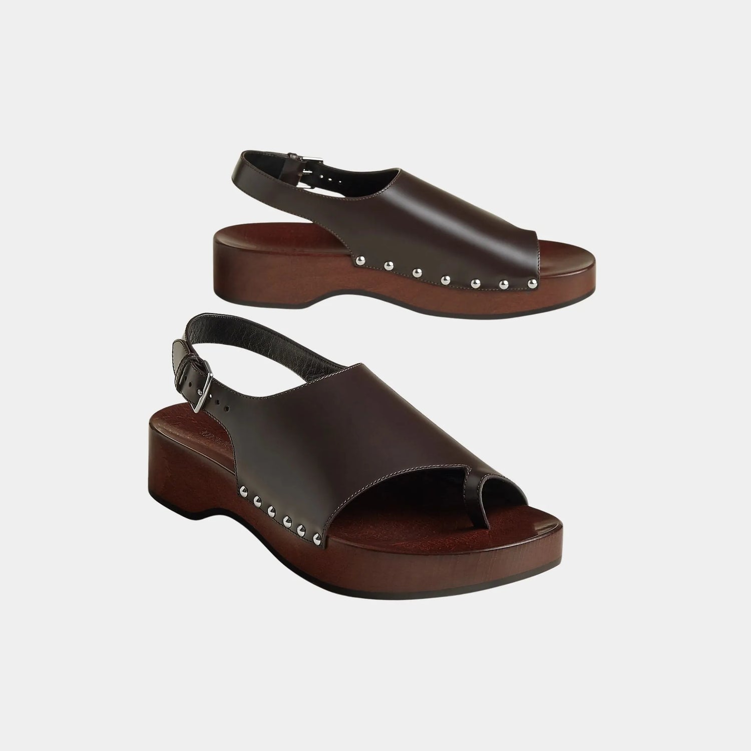 Hermes Klay Clogs in Glazed Calfskin, Marron Ebene, Front