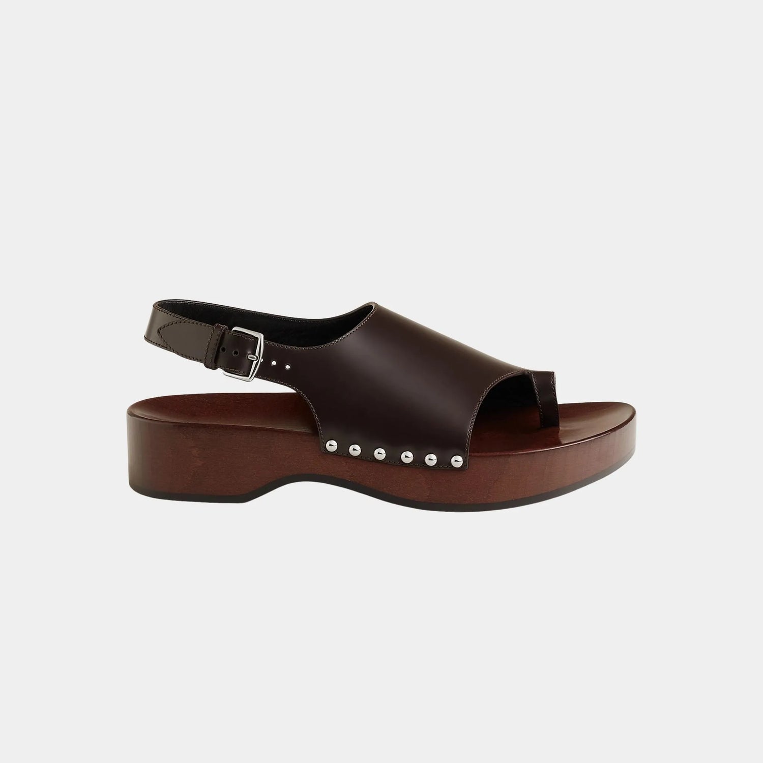 Hermes Klay Clogs in Glazed Calfskin, Marron Ebene, Side