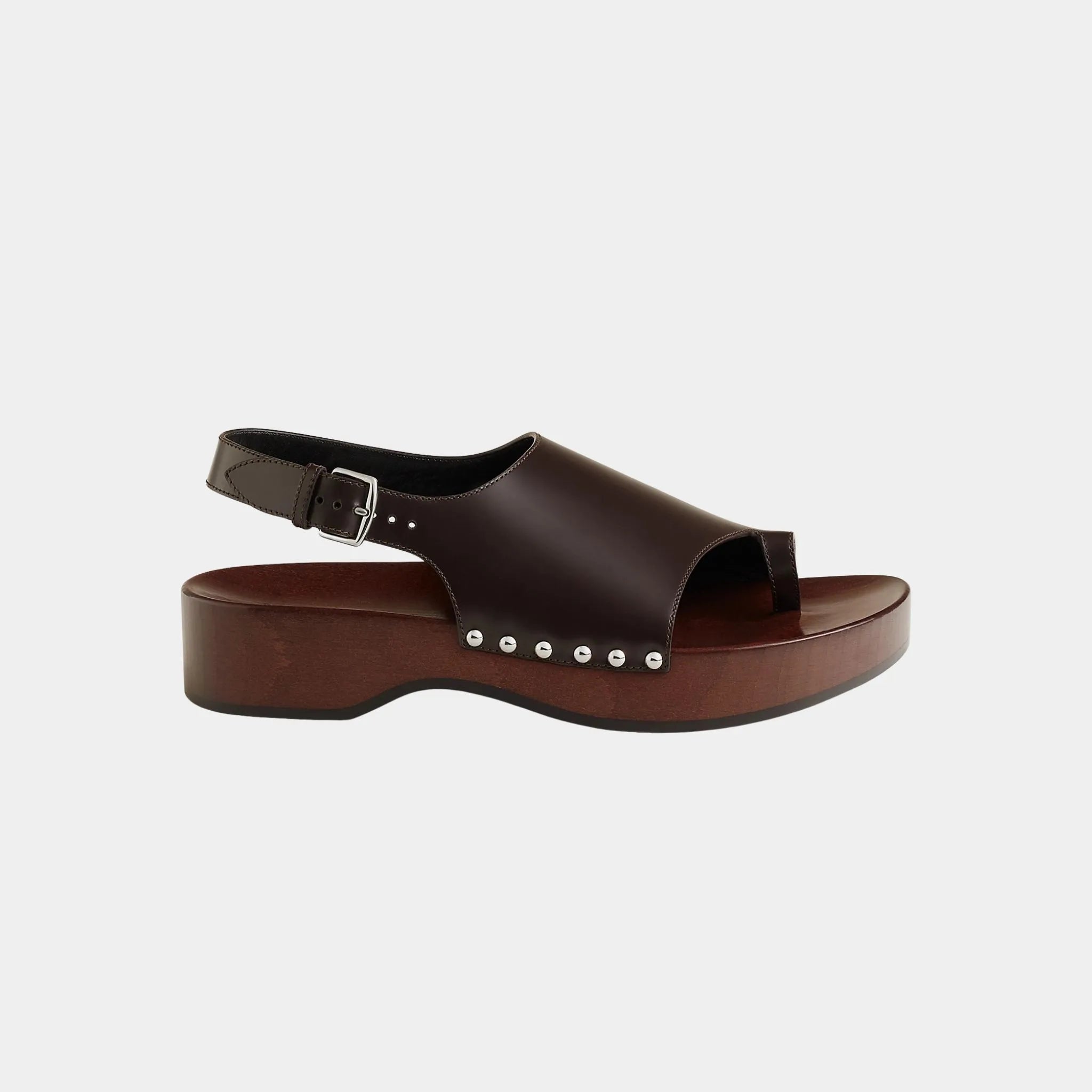 Hermes Klay Clogs in Glazed Calfskin, Marron Ebene, Side