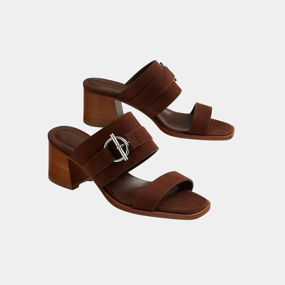 Hermes Kute 60 Heeled Sandals in Suede Goatskin, Chocolate, Front