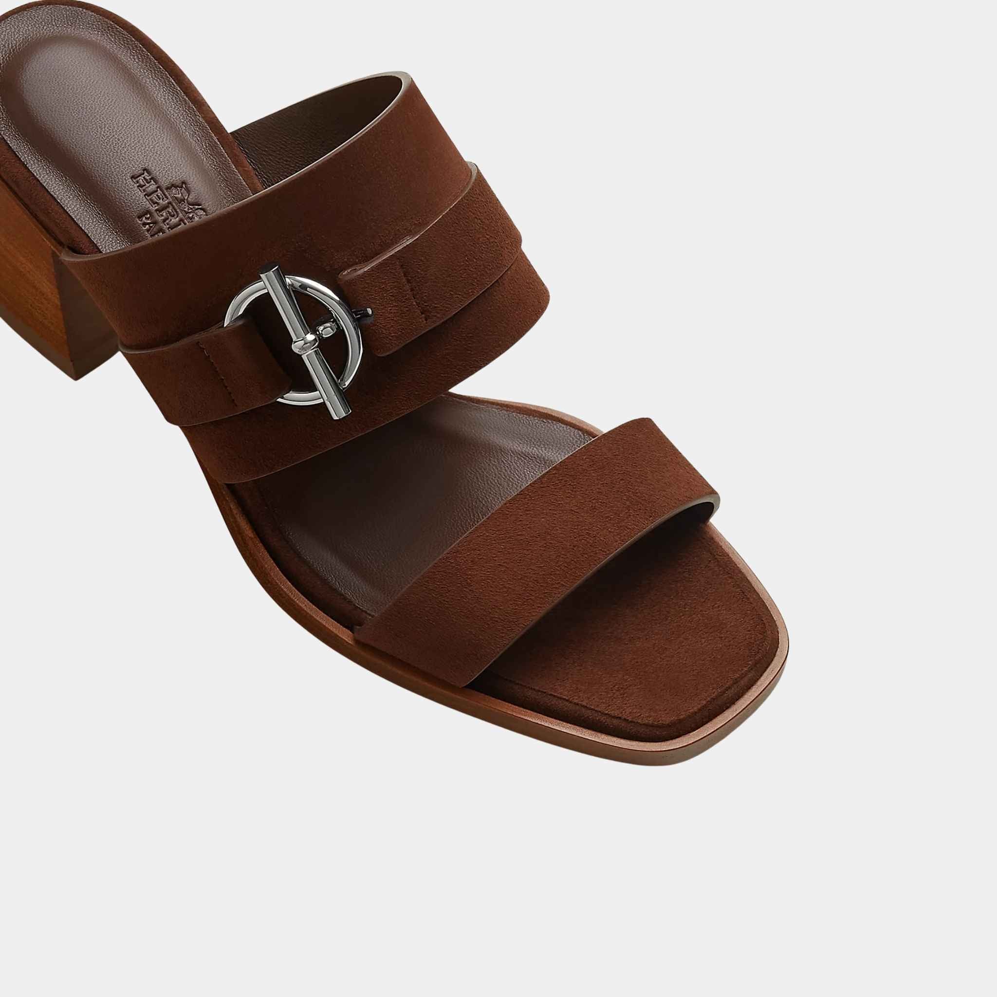 Hermes Kute 60 Heeled Sandals in Suede Goatskin, Chocolate, Top