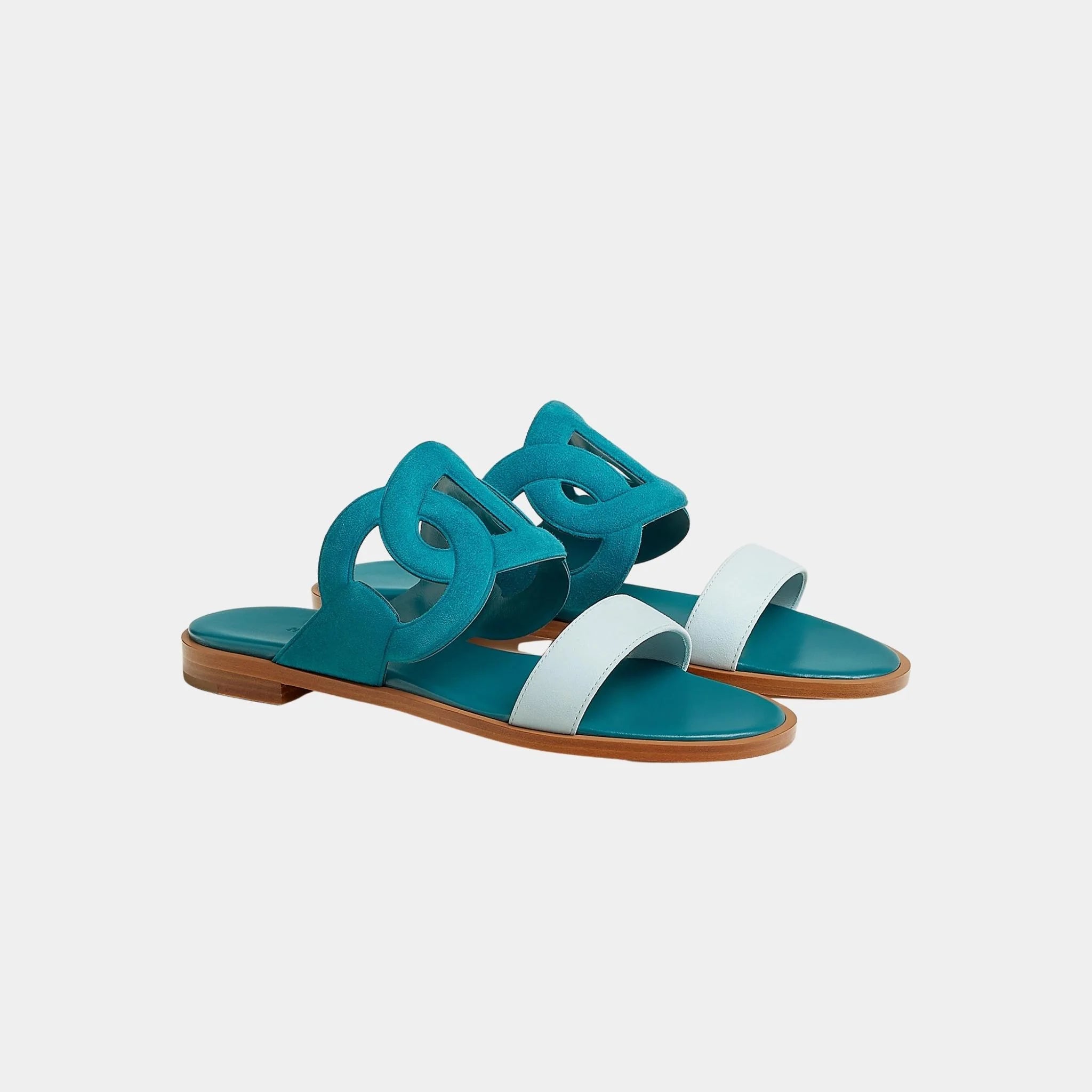 Hermes Lagoon Sandals Two-tone Suede Goatskin, Iroise Blue, Mist Blue, Front
