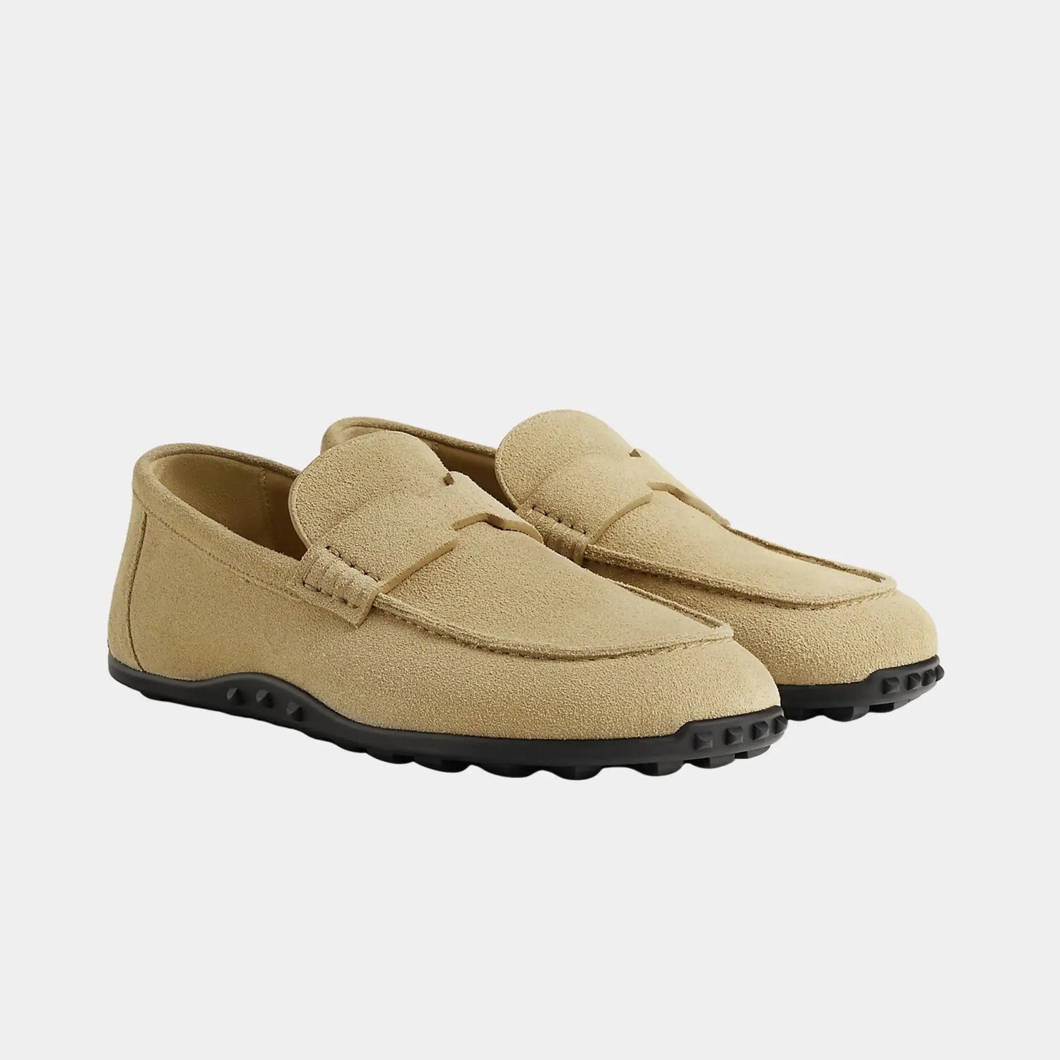 Hermes Lazy Loafers in Suede Calfskin, Beige Glaise, Front