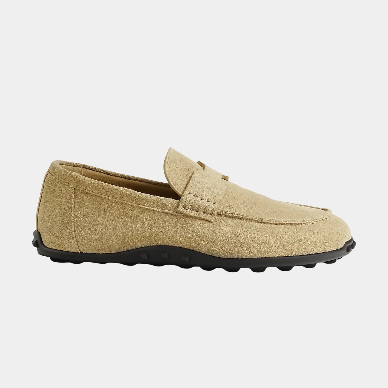Hermes Lazy Loafers in Suede Calfskin, Beige Glaise, Side
