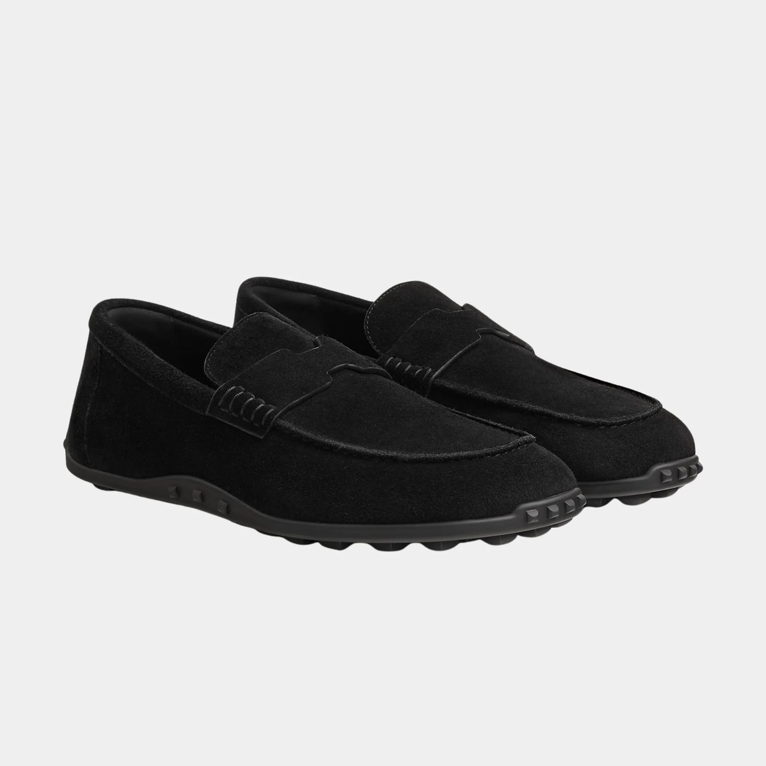 Hermes Lazy Loafers in Suede Calfskin, Noir, Front