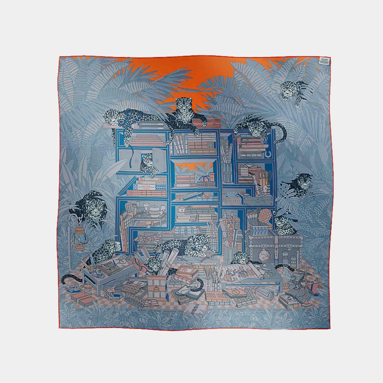 Hermes Les Douze Leopards Double Face Scarf 90, Blue, Back