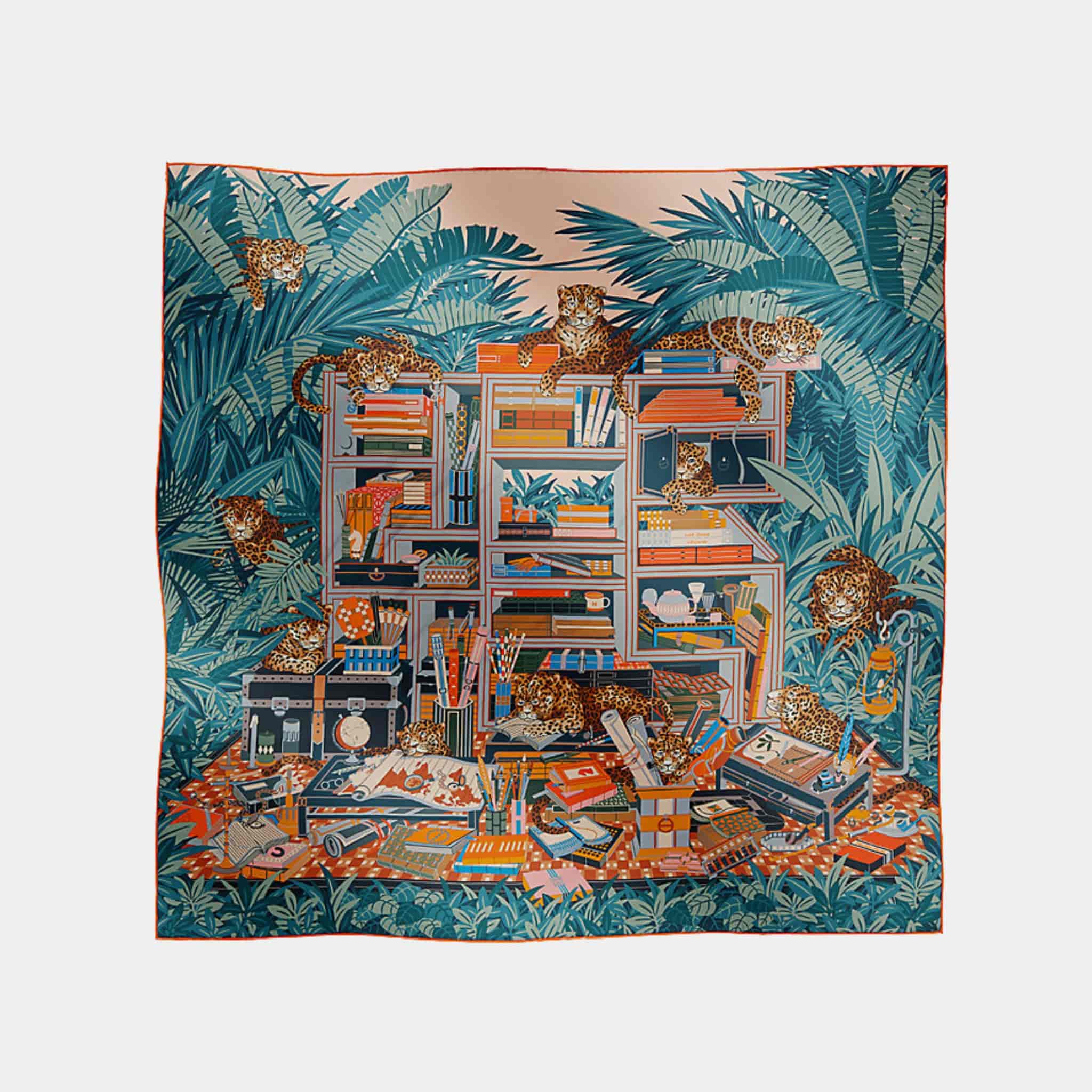 Hermes Les Douze Leopards Double Face Scarf 90, Blue, Front