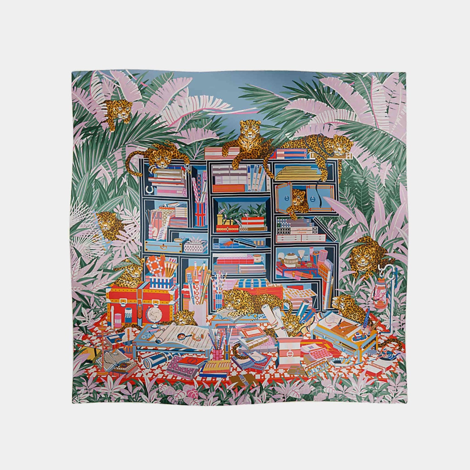 Hermes Les Douze Leopards Double Face Scarf 90, Pink, Front