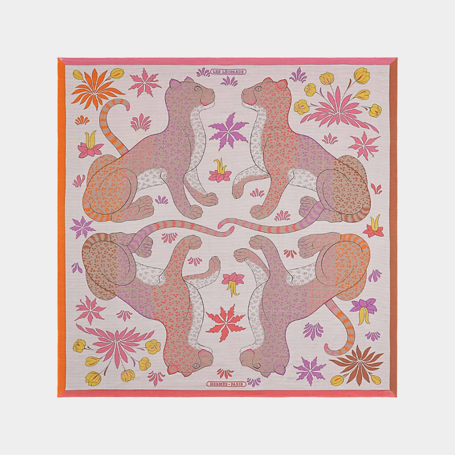 Hermes Les Leopards Scarf 140, Gris, Chine Rose, Front