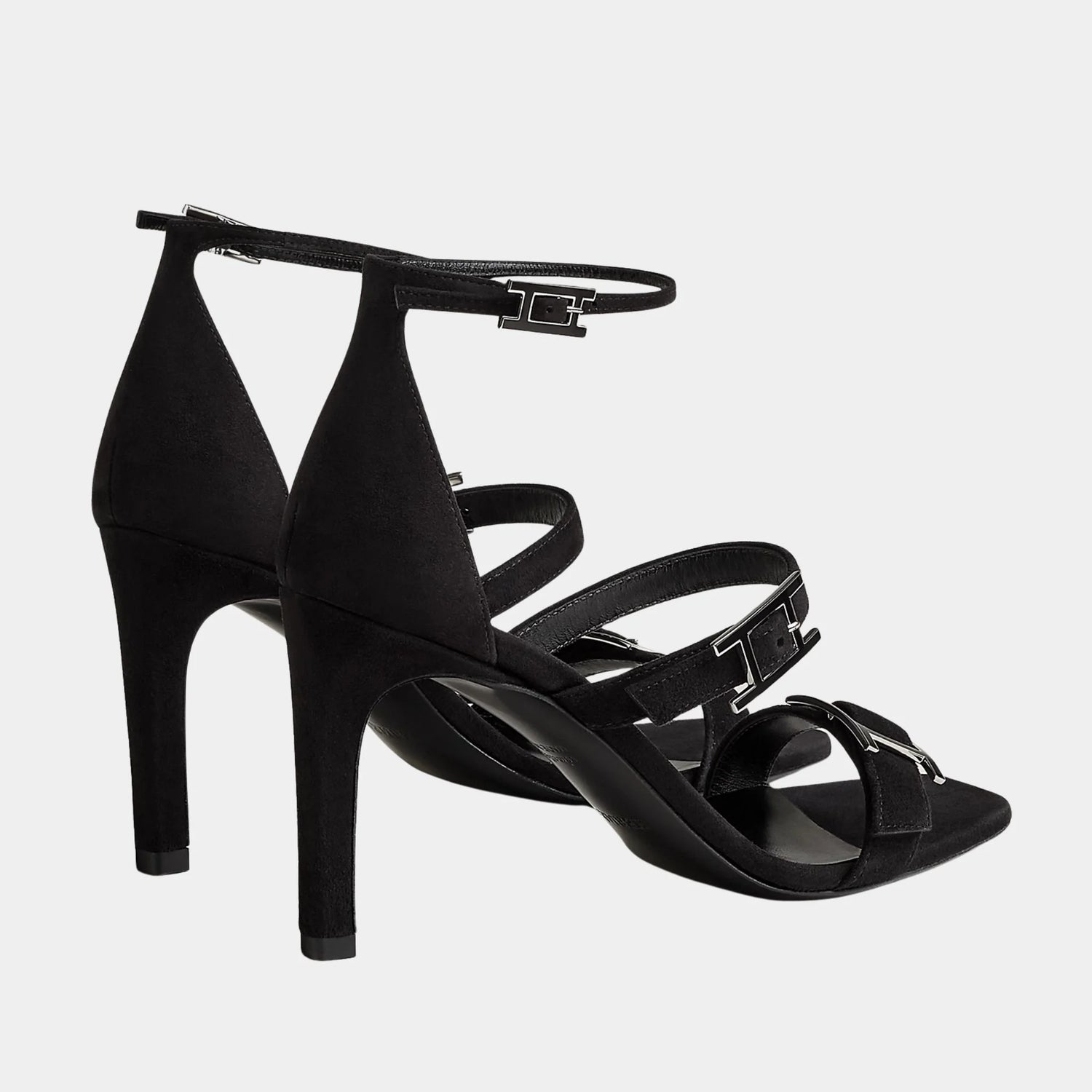 Hermes Liv 90 High Heel Sandal in Suede Goatskin, Noir, Back